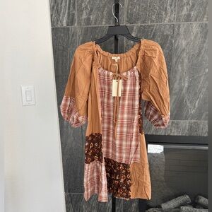 Easel Brown Plaid and Floral Dress NWT